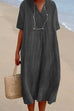 Rosiedress V Neck Short Sleeve Baggy Cotton Linen Midi Dress
