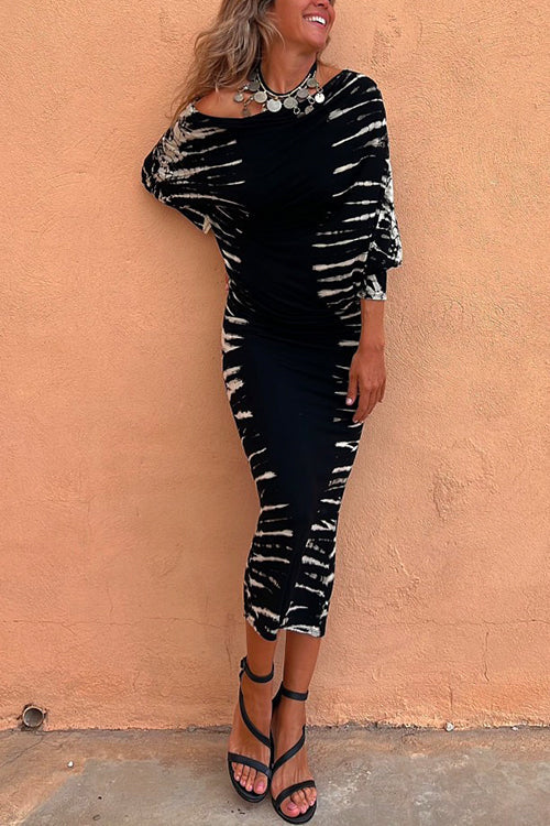 Rosiedress Cold Shoulder Batwing Sleeve Waisted Tie Dye Dress