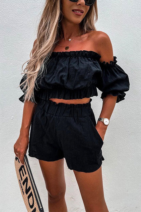 Rosiedress Ruffle Off Shoulder Short Sleeves Crop Top Elastic Waist Shorts Set