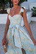 Rosiedress Ruffled Shoulder Bow Knot Waist Slit Printed Vintage Party Dress