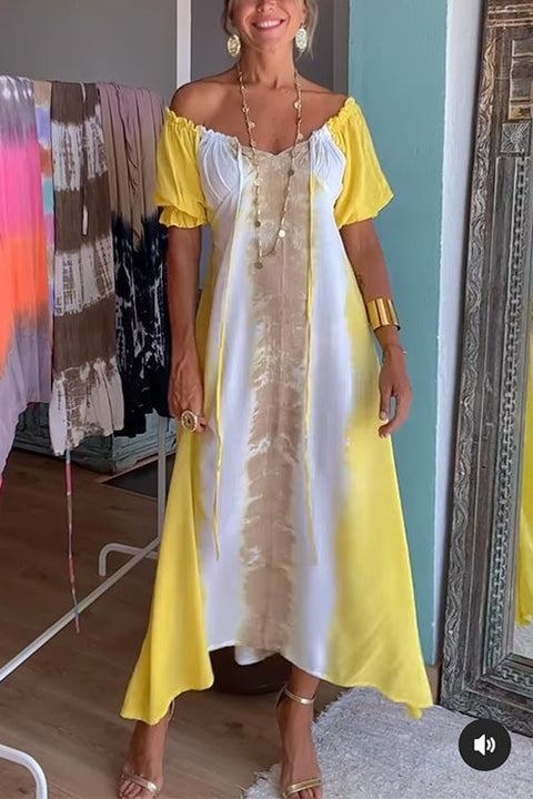 Rosiedress Drawstring Off Shoulder Short Sleeve Tie Dye Maxi A-line Dress
