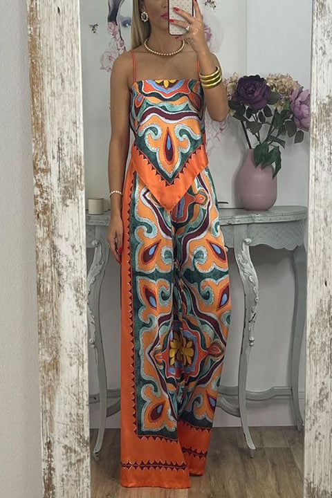 Rosiedress Tie Back Irregular Cami Top Wide leg Pants Printed Set