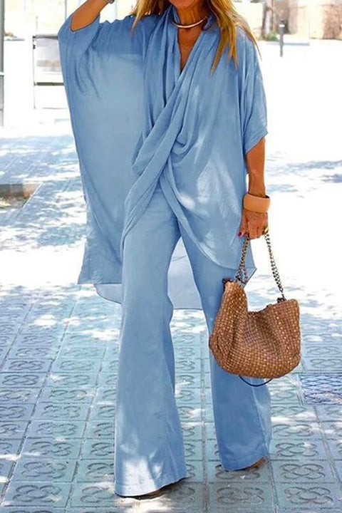 Rosiedress Cross Front Batwing Top Wide Leg Pants Cotton Linen Set