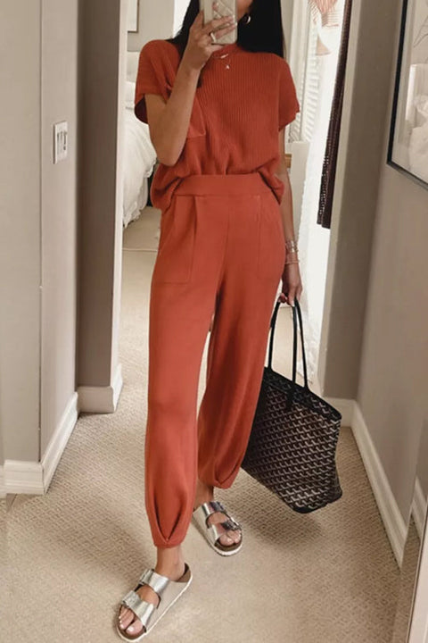 Rosiedress Short Sleeves Ribbed Knit Pullover Ruched Harem Pants Set