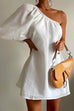 Rosiedress One Shoulder 3/4 Sleeves Cotton Linen Mini Dress