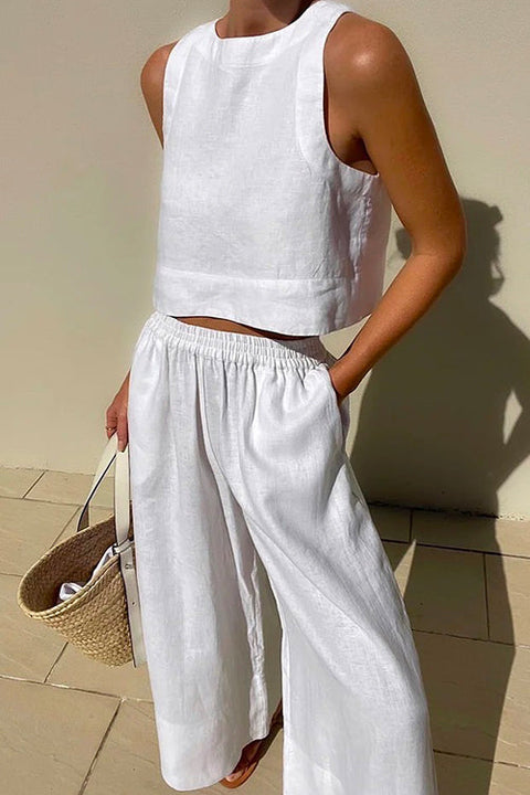 Rosiedress Solid Crewneck Crop Tank Top Elastic Waist Wide Leg Pants Set