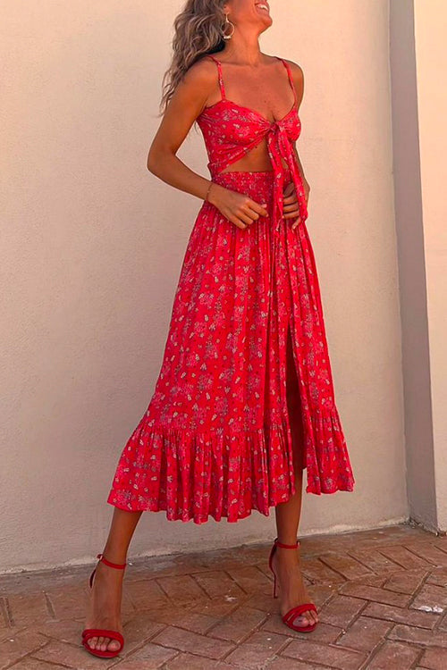 Rosiedress Tie Front Cut Out Slit Printed Ruffle Cami Dress