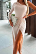Rosiedress One Shoulder Long Sleeve Ruched High Slit Midi Dress