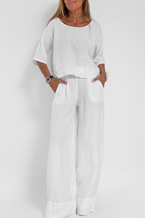 Rosiedress Round Neck 3/4 Sleeves Pullovers Wide Leg Pants Cotton Linen Set
